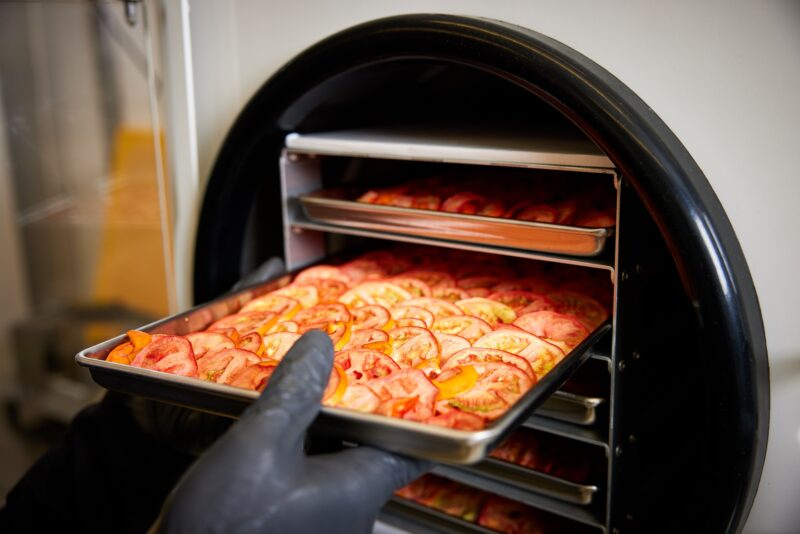 Tomscheiben werden von Hand in die Gefriertrocknungsmaschine eingeschoben – sorgfältige Verarbeitung in kleinen Chargen am Eggenhof.